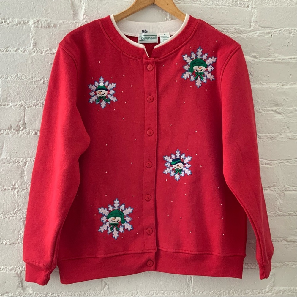 Vintage Embroidered Red Knit Button Up Cardigan Sweater Cottage Christmas S M